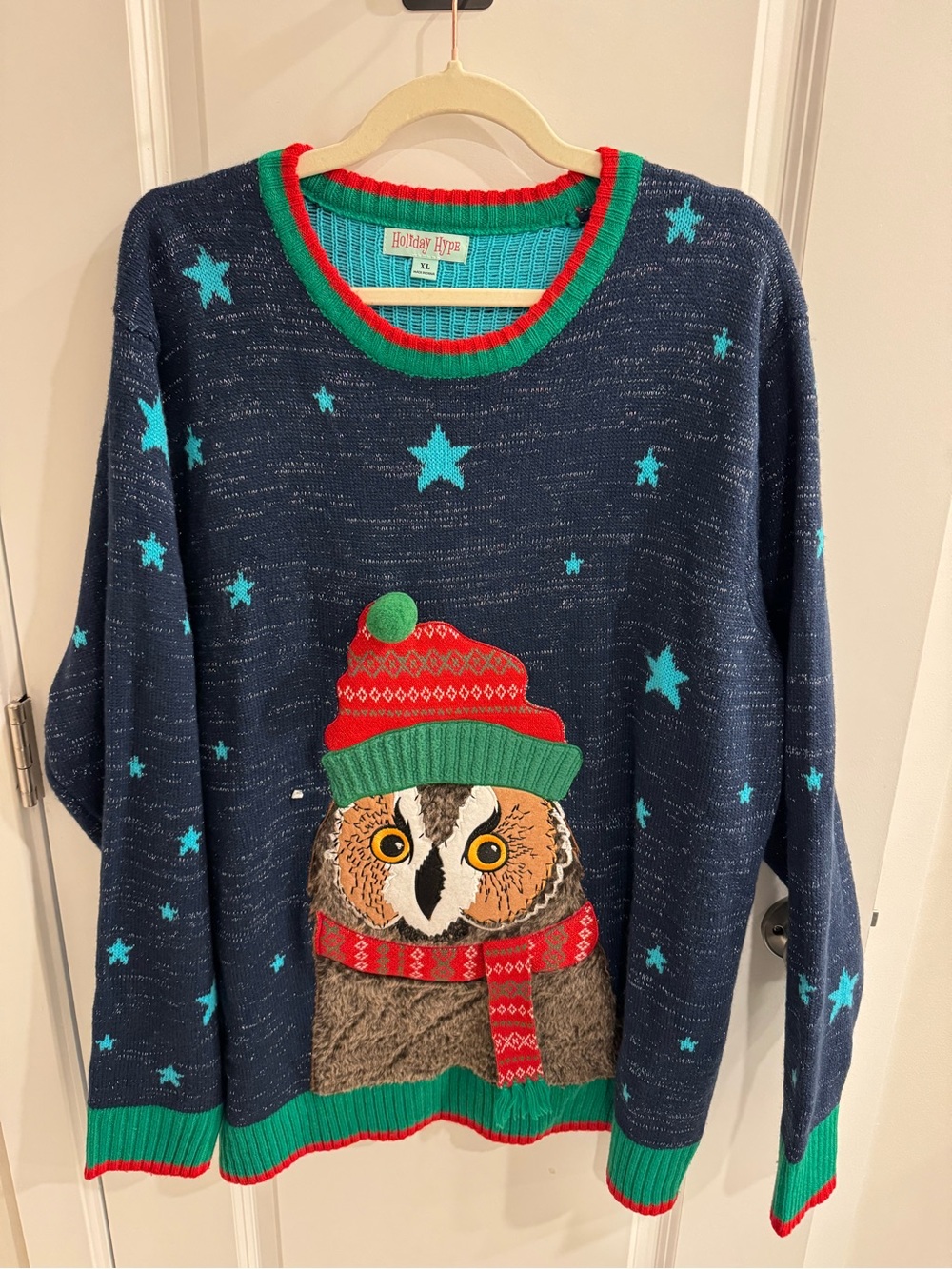 Holiday Hype 3D Owl Ugly Christmas Sweater Metallic Tinsel XL